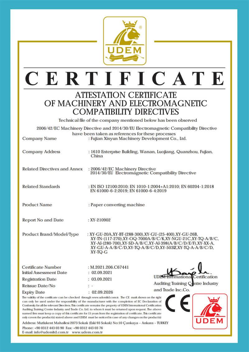 ATTESTATION CERTIFICATE OF MACHINERY AND ELECTROMAGNETIC COMPATIBILITY DIRECTIVES