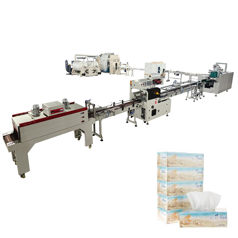 Línea de producción automática de máquina de fabricación de papel tisú facial con caja de paquete termorretráctil